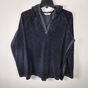 Katherine Kelly Womens Black Velour V-Neck Hoodie Satin Trim Side Zip Pullover L